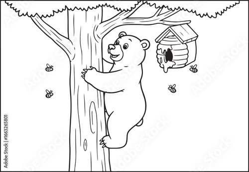 Funny Bear Trying to Get Delicious Honey from a Beehive Guarded