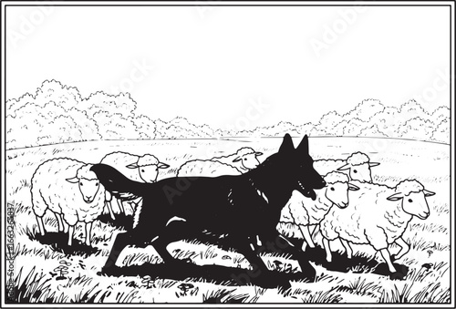 Illustration of a Belgian Malinois herding sheep across a grassy