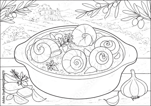 Detailed Escargot Coloring Page with Rural Landscape and Culinar