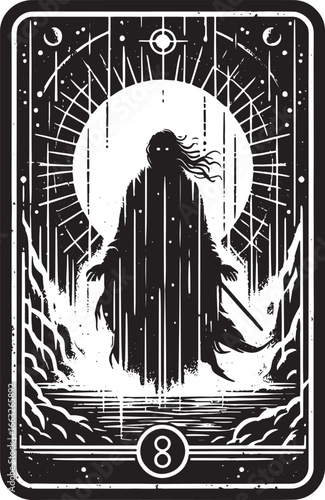 Mystical Tarot Card Depicting the Eight of Wands in a Dark and Dreamlike Scene