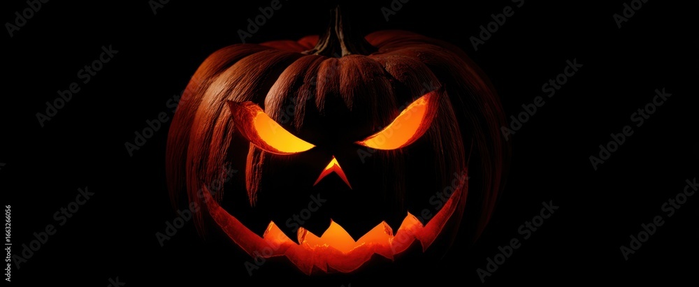 Naklejka premium The glowing jack-o-lantern with an eerie expression in darkness.