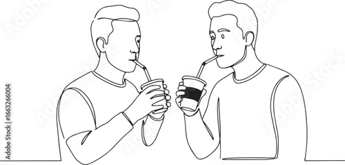 Continuous line drawing of two friends sharing beverages, minima