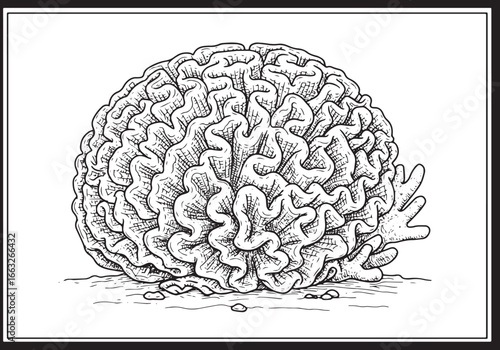 Black and white hand-drawn illustration of a large brain coral o