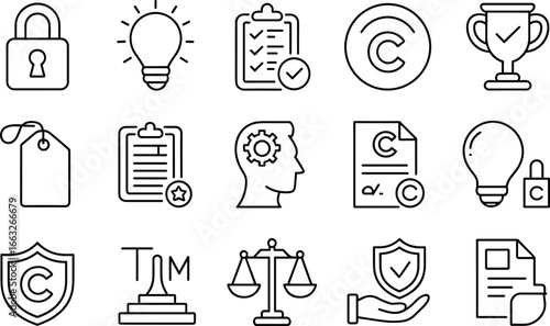 Intellectual property icons, copyright trademark legal symbols, patent protection idea, justice law balance, secure rights document, business law illustration, legal protection design
