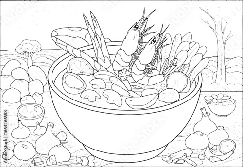Detailed line art illustration showcasing the vibrant flavors of