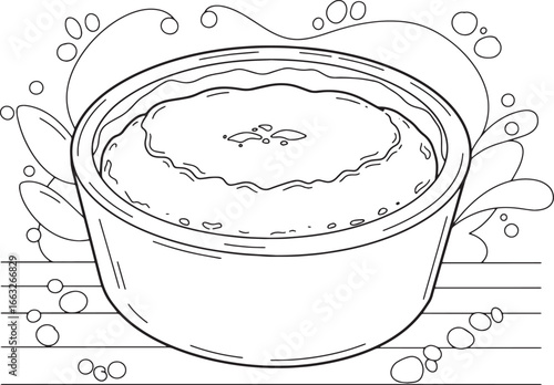 Elegant outlined illustration of a crema catalana dessert in a c