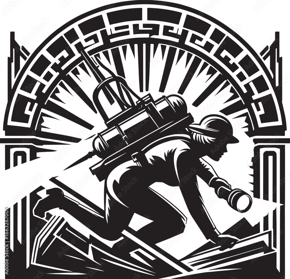 Obraz premium Artistic Black and White Illustration of a Worker with Gear in a Dramatic Scene