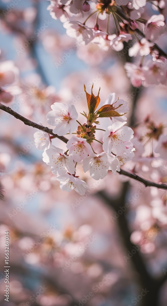 Fototapeta premium Delicate cherry blossoms in full bloom against a soft, blurred background, showcasing the beauty of springtime. The petals are a soft pink, with a fresh green center