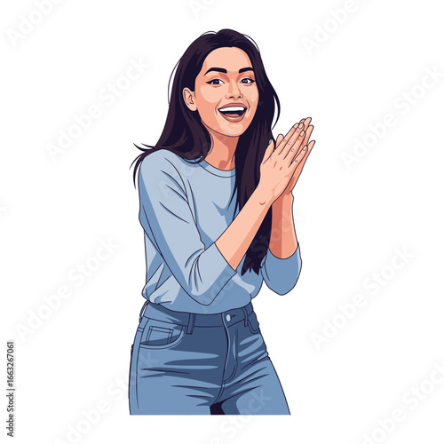 Joyful Applause: An animated illustration of a beautiful woman applauding in a celebratory moment, capturing her genuine happiness.