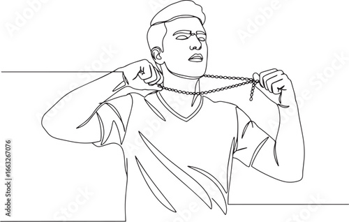 Continuous Line Art of a Young Man Adjusting Beaded Necklace wit