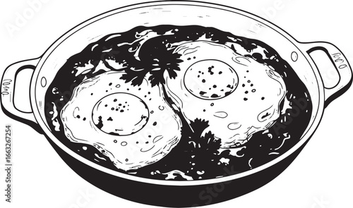 Delicious Shakshuka Illustration with Eggs, Tomatoes and Parsley