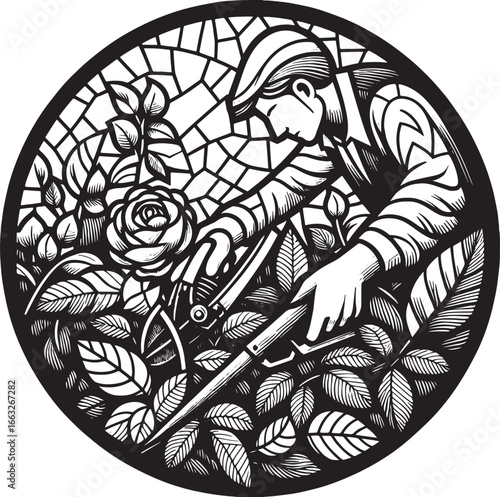 Artistic Illustration of a Gardener Pruning Roses in a Circular Black and White Design