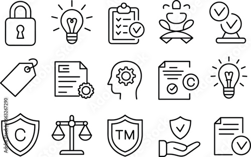 Legal protection icons, copyright trademark symbols, intellectual property rights, patent idea security, justice law balance, document protection, business law illustration