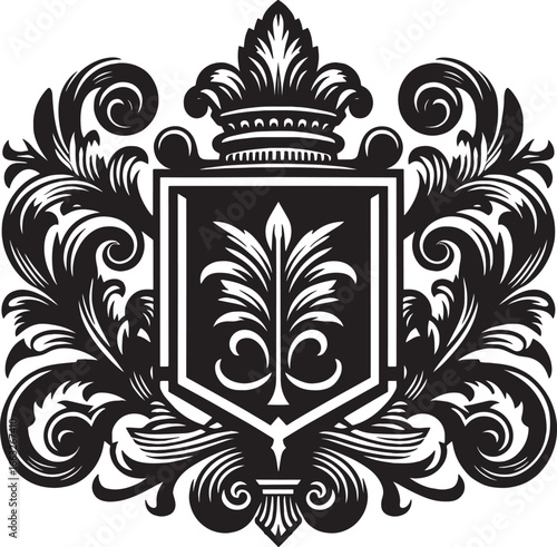 Elegant Black and White Heraldic Crest Design with Ornate Floral and Crown Elements