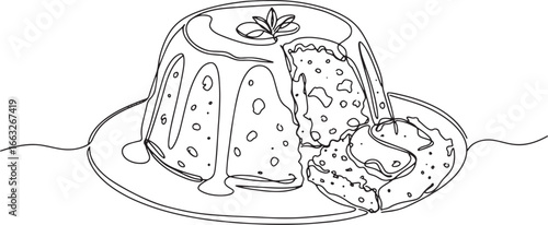 Elegant single continuous line drawing of a festive plum pudding