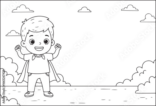 Energetic young child flexing in superhero cape, a vibrant color