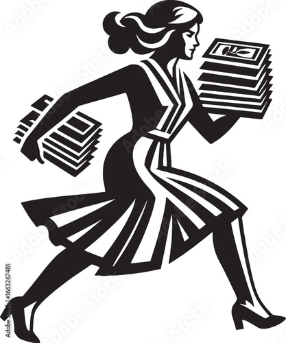 Silhouette of a woman running with stacks of money, symbolizing financial success and abundance