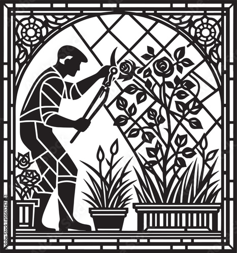 Silhouette of a gardener pruning roses in a decorative frame, gardening artwork, black and white
