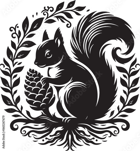 Elegant Black and White Illustration of a Squirrel Holding a Pinecone in a Circular Frame