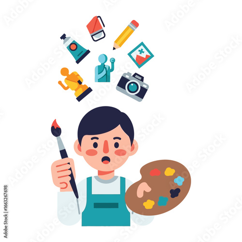 Artist and Art Supplies: A young artist, holding a palette and brush, surrounded by various art supplies, symbolizing creative inspiration and the tools of the trade. 