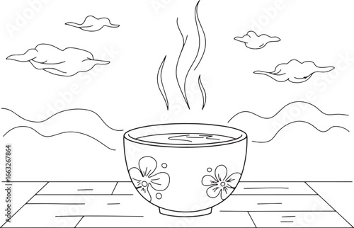 Delicate serenity: hand-drawn steaming bowl with floral accents