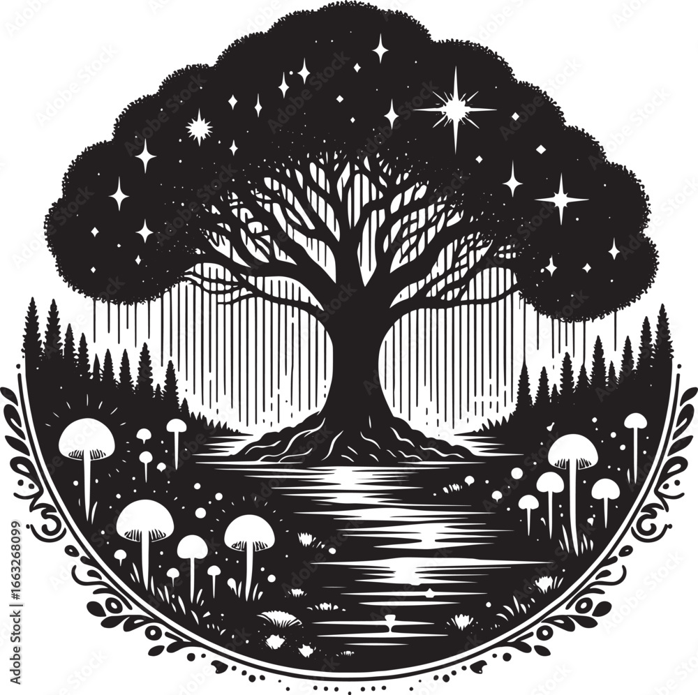Naklejka premium Intricate black and white illustration of a mystical tree with mushrooms and a starry sky
