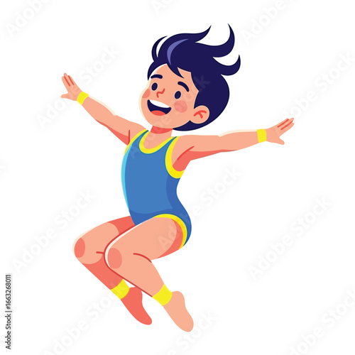 Joyful leap in motion: This vibrant illustration captures the sheer exhilaration of childhood, depicting a young child in mid-air, arms outstretched in an expression of pure joy and freedom.