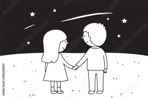 Enamored couple watching a shooting star under a starlit, ink st