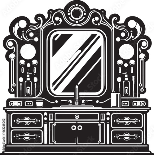 Elegant Vintage Vanity with Mirror and Sink in a Classic Art Deco Style for Bathroom