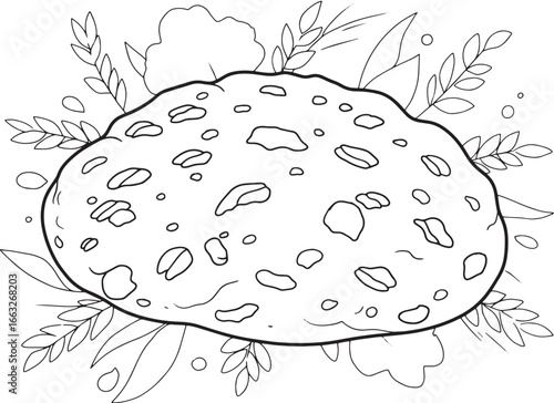 Monochrome oatmeal cookie illustration with grain and leaf accen
