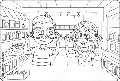 Whimsical outing two children try on comically oversized glasses