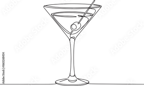 Elegant martini glass continuous line drawing against a stark wh