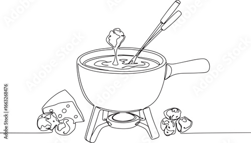 Minimalist Line Art Depiction of Cheese Fondue with Bread and Ch