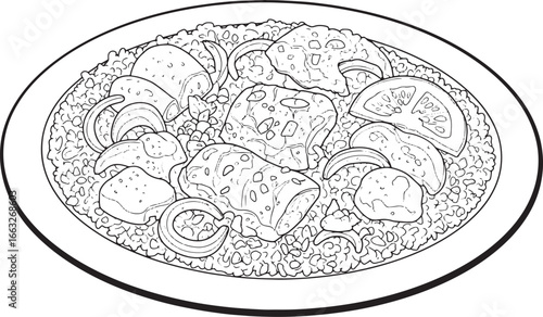 Detailed line art depiction of traditional ethiopian tibs on a p