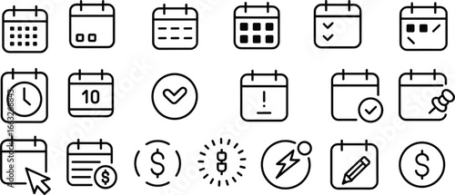 Calendar and schedule icons, event reminder, deadline symbol, task management, meeting planner, clock time, money, checkmark, alert, organization tool