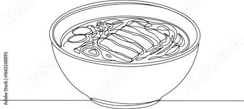 Elegant single line drawing depicting a bowl of Vietnamese Bun C
