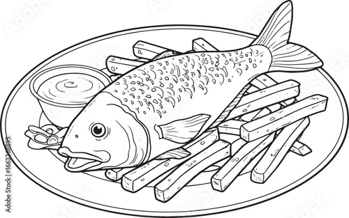 Line art illustration of fish and chips on a plate, simple and d