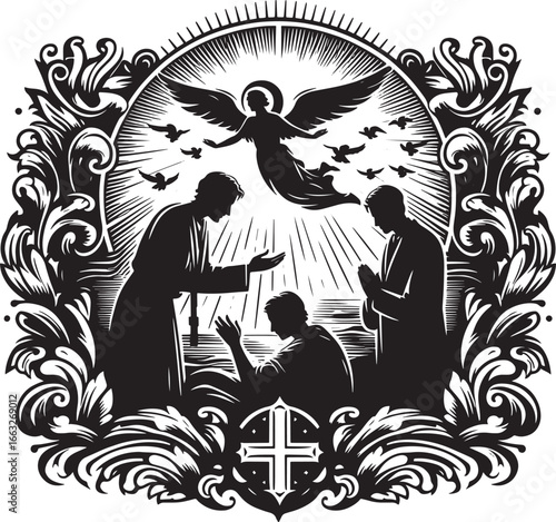 Religious Illustration Depicting a Scene of Angels, People, and Divine Light Within an Ornate Frame