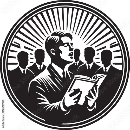 Illustration of a male choir singing from a book in a circular design element