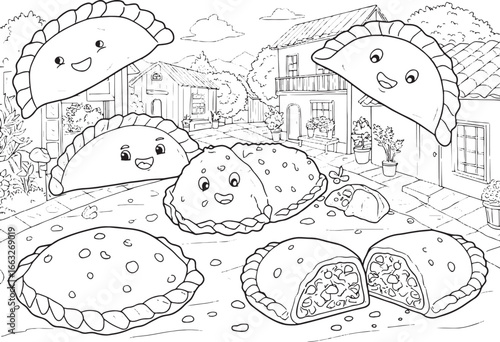 Whimsical Empanada Fiesta: A charming black and white landscape