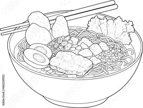 Detailed line drawing of Indonesian soto in a bowl with various