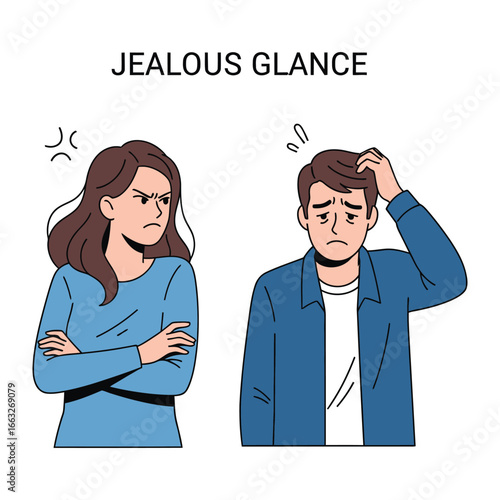 Jealous Glances: An illustration depicting the emotions of jealousy in human relationships. The scene showcases a woman with a stern expression, facing a confused man. 