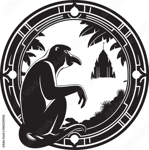 Intricate black and white illustration of a monkey seated near a temple within a circular frame