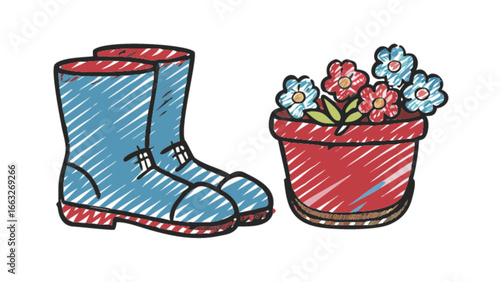 Cute garden boots and flower pot vector illustration for spring gardening and outdoor decoration projects design 100