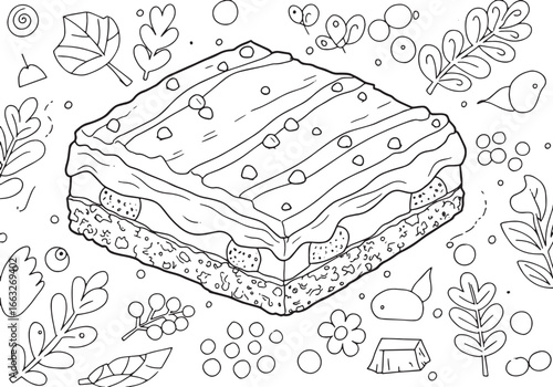 Hand-Drawn Nanaimo Bar Illustration with Botanical Elements for