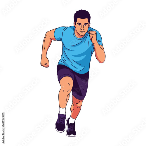 Dynamic Runner in Action: A determined runner charges forward with focused intensity, capturing the essence of athletic performance, healthy lifestyle and physical exertion.