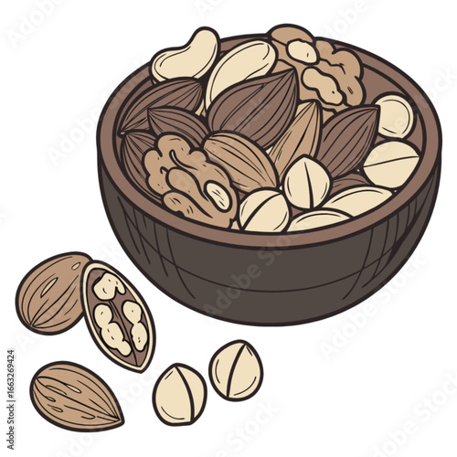 Assorted nuts in wooden bowl healthy snack almonds cashews walnuts macadamia nuts nutritious mix and bowl 100