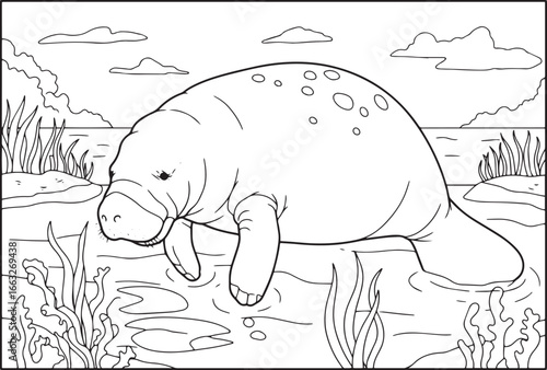 Charming manatee grazes peacefully in line art coloring page ill