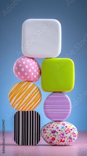 Pastel Geometric Shapes Stacked in Abstract 3D Composition