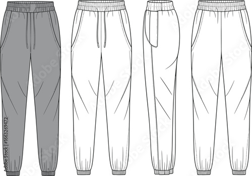CAD drawing flat vector illustration of jogger pants, front and side views, elastic waistband, pocket seams, casual fit, fashion sketch, technical apparel template, clothing layout